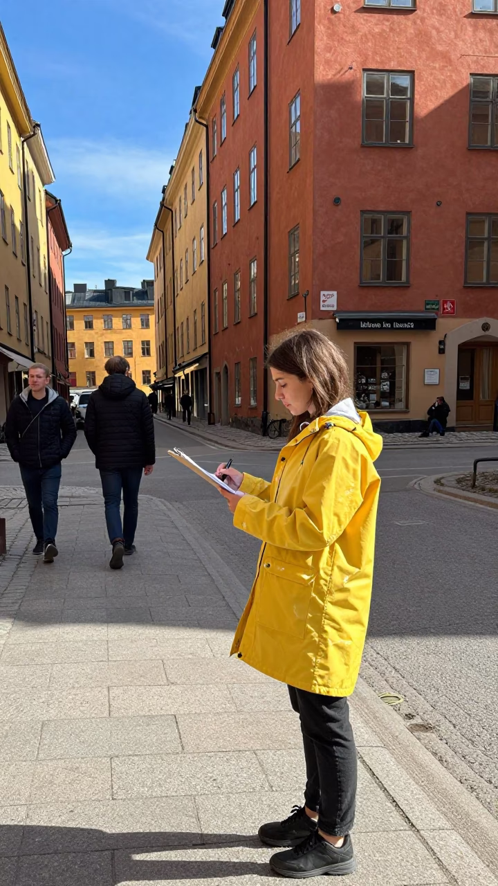 Bright Midmorning Street Scene in Stockholm Sweden with Clipboard and Terracotta Pot in in Stockholm, Sweden