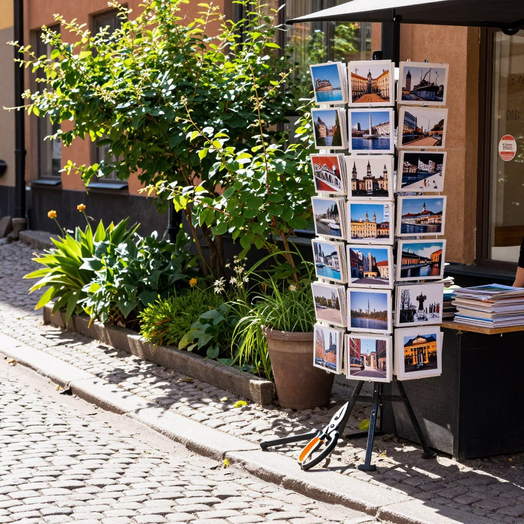 Bright Midmorning Street Scene in Stockholm Sweden with Postcards and Garden Shears in in Stockholm, Sweden