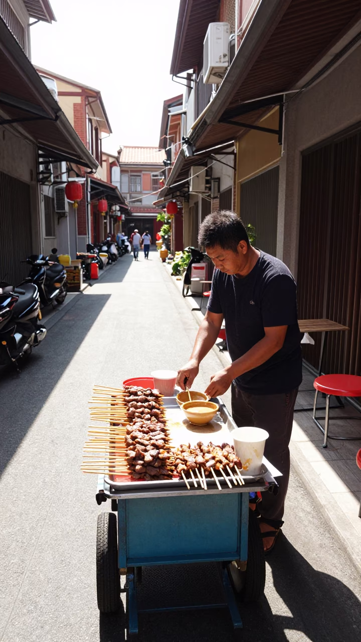 Bright Midmorning Street Scene in Tainan Taiwan with Satay Skewers in in Tainan, Taiwan
