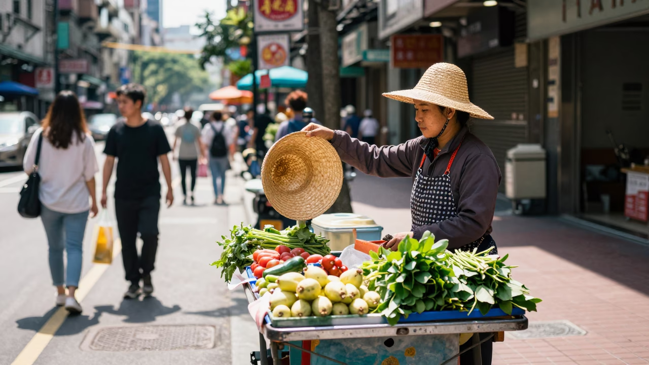 Bright Midmorning Street Scene in Taipei Taiwan with Straw Hat and Glass Jar in in Taipei, Taiwan