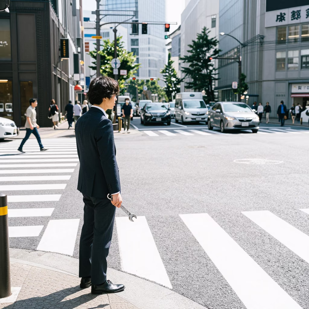 Bright Midmorning Street Scene in Tokyo Japan with Wrench and Model Airplane in in Tokyo, Japan