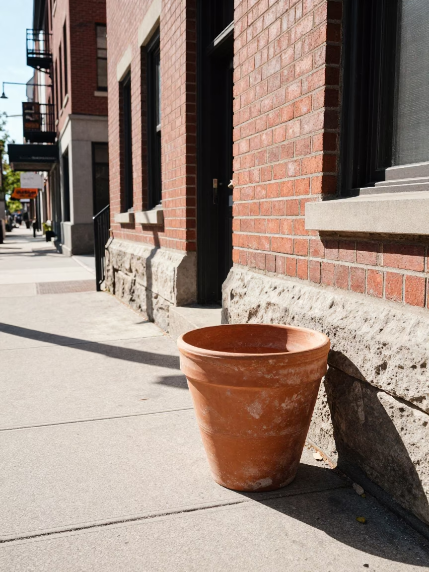 Bright Midmorning Street Scene in Toronto Ontario Featuring Terracotta Pot and Houseplants in in Toronto, Ontario, Canada