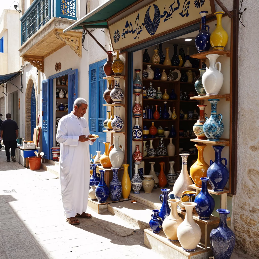 Bright Midmorning Street Scene in Tunis Tunisia with Ceramic Shop Display in in Tunis, Tunisia