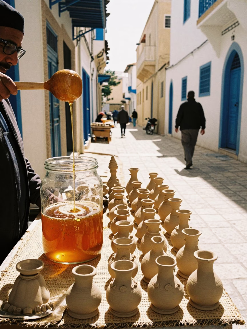 Bright Midmorning Street Scene in Tunis Tunisia with Honey and Clay Pottery in in Tunis, Tunisia