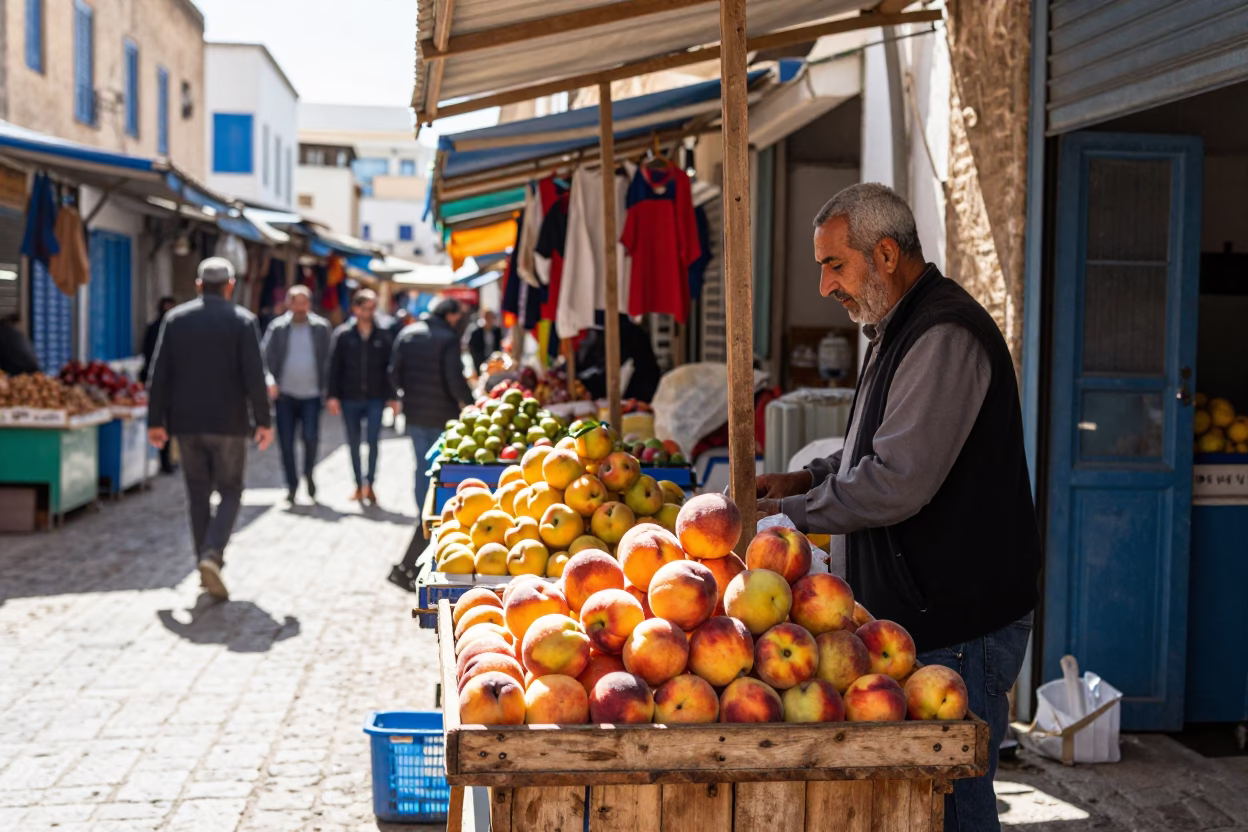 Bright Midmorning Street Scene in Tunis Tunisia with Local Commerce and Daily Life in in Tunis, Tunisia