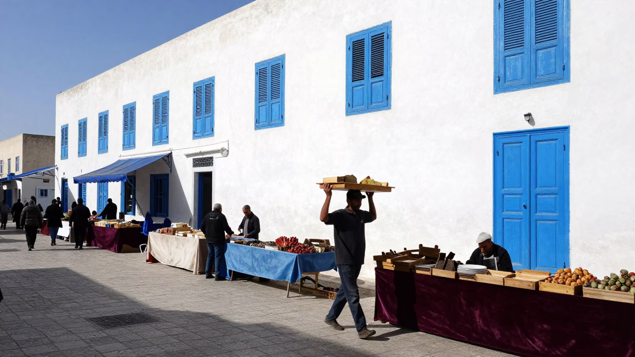 Bright midmorning street scene in Tunis Tunisia with local vendors and pedestrians in in Tunis, Tunisia