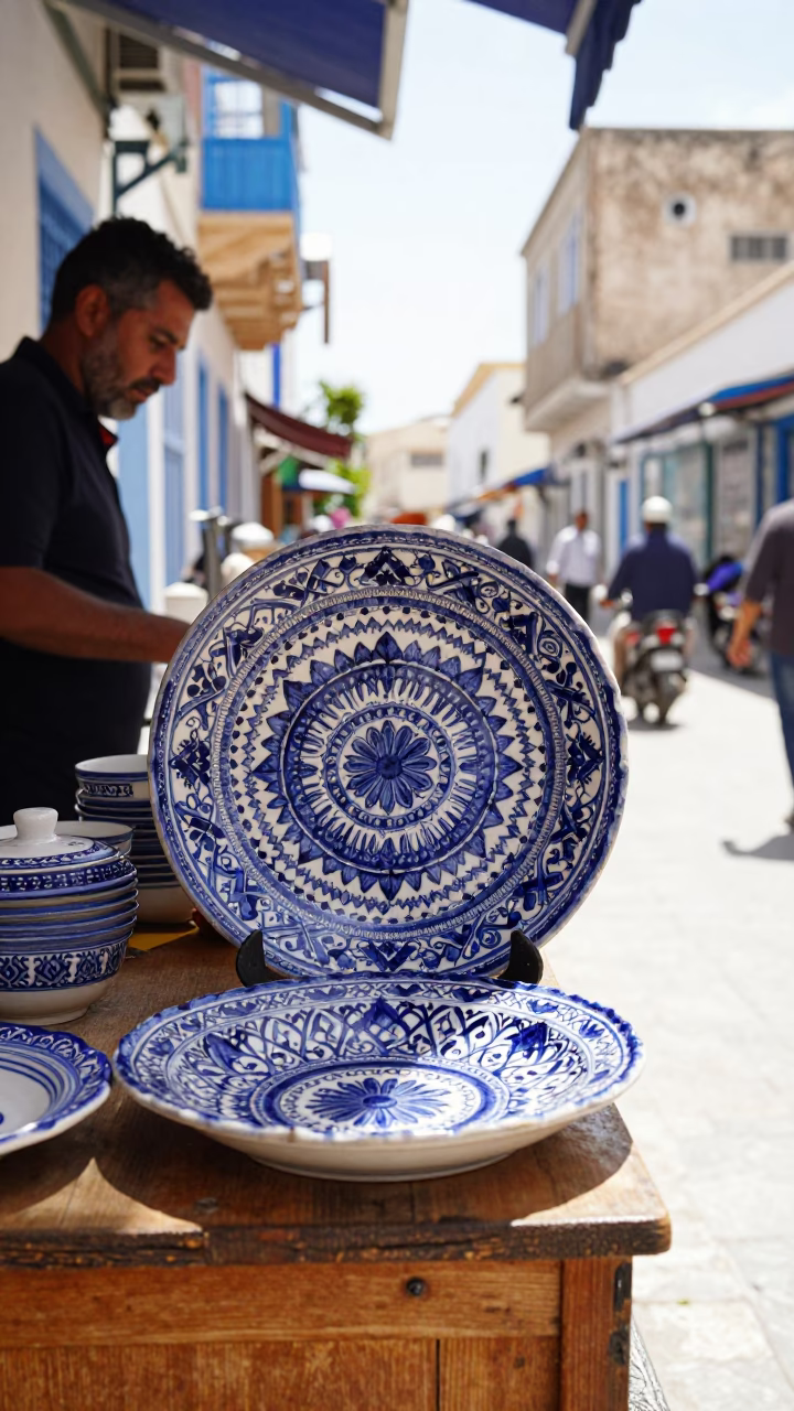Bright Midmorning Street Scene in Tunis Tunisia with Vintage Majolica Plate and Lemons in in Tunis, Tunisia