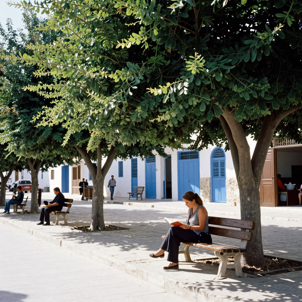 Bright Midmorning Street Scene in Tunis Tunisia with Woman Reading Under Tree in in Tunis, Tunisia