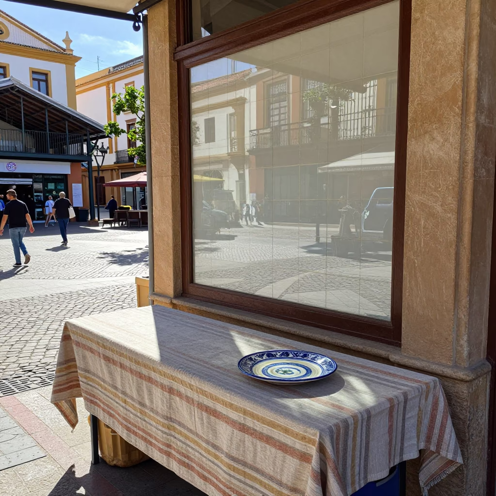 Bright Midmorning Street Scene in Valencia Spain with Glazed Ceramic Window Reflection in in Valencia, Spain