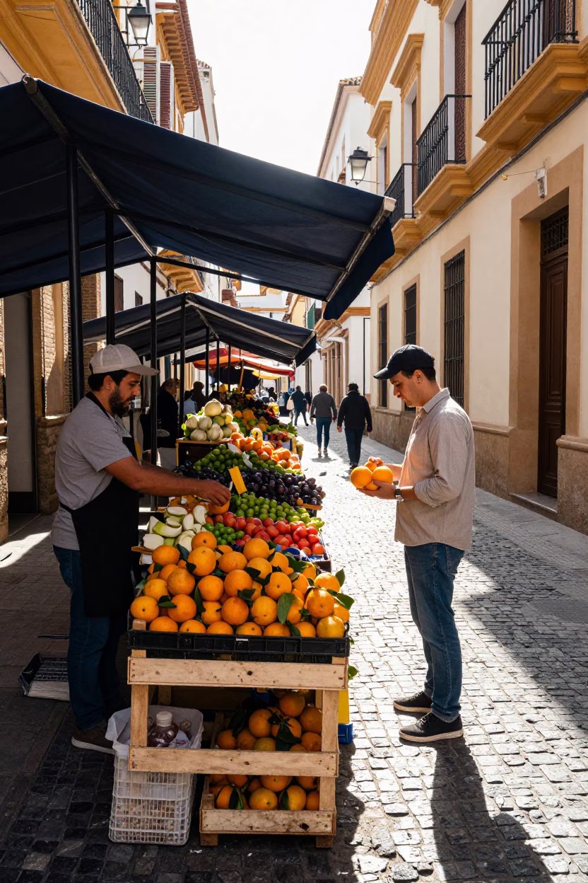 Bright Midmorning Street Scene in Valencia Spain with Traditional Market Activity and Local Details in in Valencia, Spain