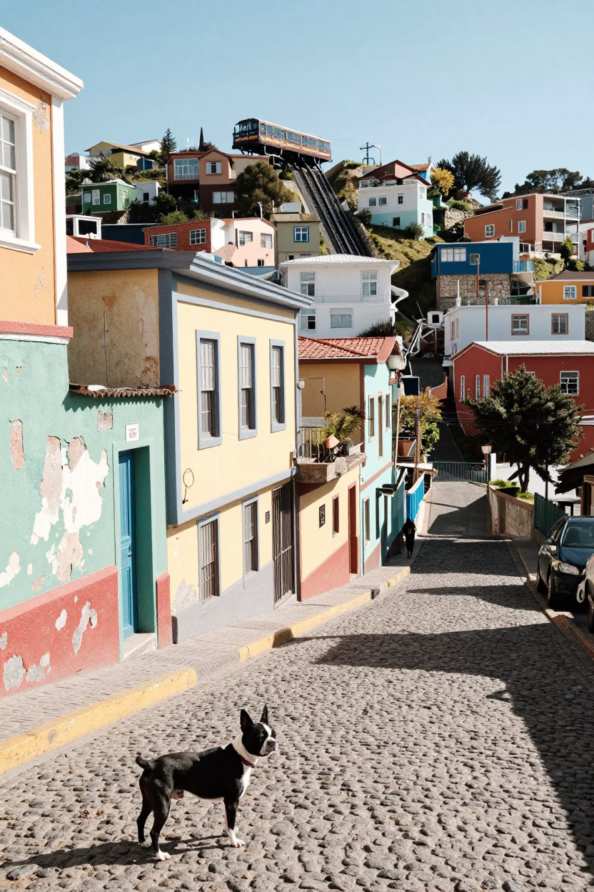 Bright Midmorning Street Scene in Valparaiso Chile with Boston Terrier and Local Architecture in in Valparaiso, Chile