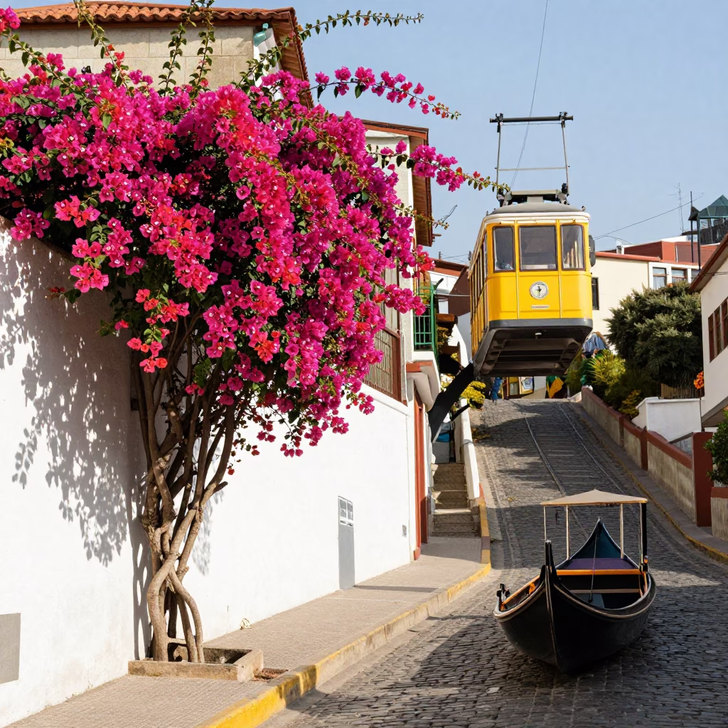 Bright Midmorning Street Scene in Valparaiso Chile with Bougainvillea and Gondola Lift in in Valparaiso, Chile