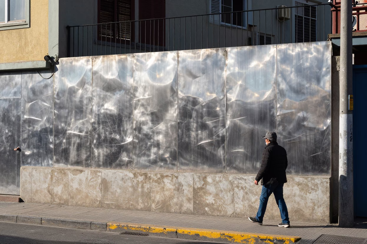 Bright Midmorning Street Scene in Valparaiso Chile With Brushed Steel Wall And Pulley in in Valparaiso, Chile