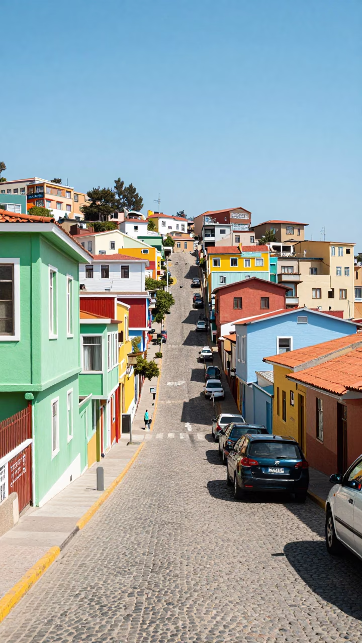 Bright Midmorning Street Scene in Valparaiso Chile with Colorful Architecture and Local Life in in Valparaiso, Chile