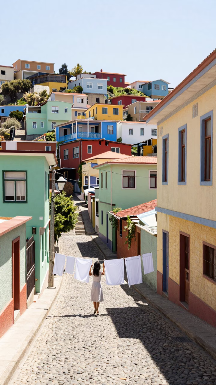 Bright Midmorning Street Scene in Valparaiso Chile with Colorful Architecture in in Valparaiso, Chile