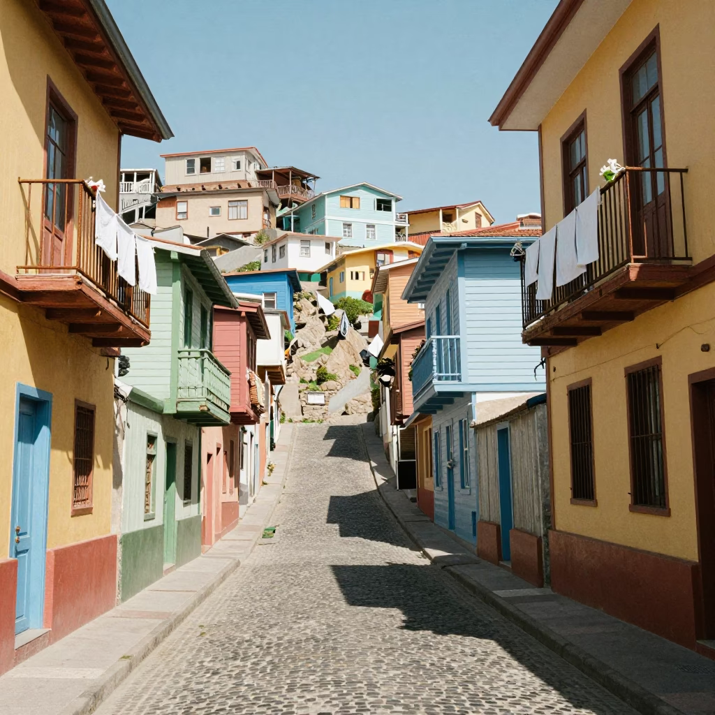 Bright Midmorning Street Scene in Valparaiso Chile With Colorful Houses And Laundry in in Valparaiso, Chile