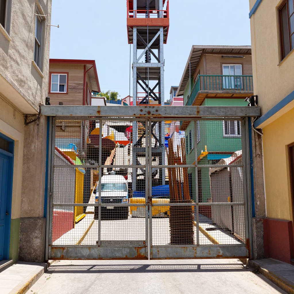 Bright Midmorning Street Scene in Valparaiso Chile with Construction Elevator Gate and Rebar Bundles in in Valparaiso, Chile