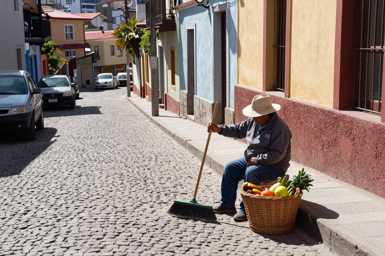 Bright Midmorning Street Scene in Valparaiso Chile with Hand Broom and Wicker Basket in in Valparaiso, Chile