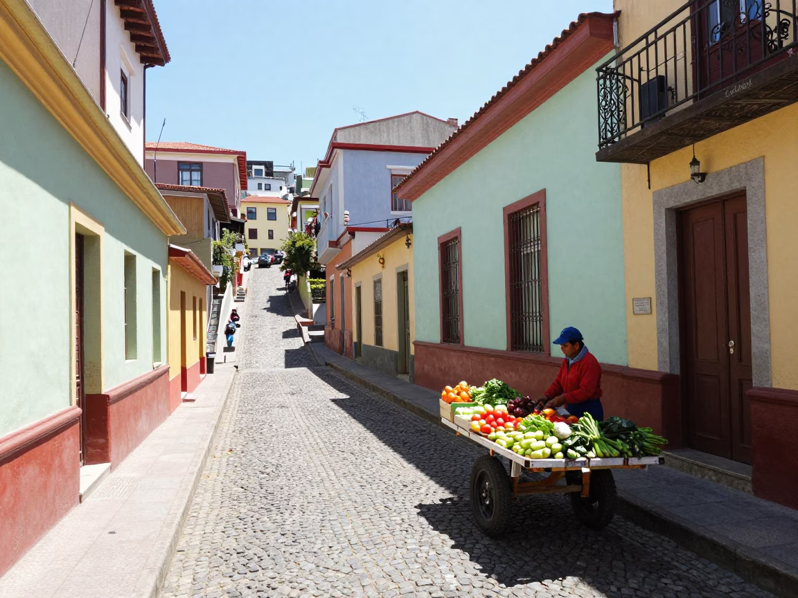 Bright Midmorning Street Scene in Valparaiso Chile with Local Market Goods in in Valparaiso, Chile
