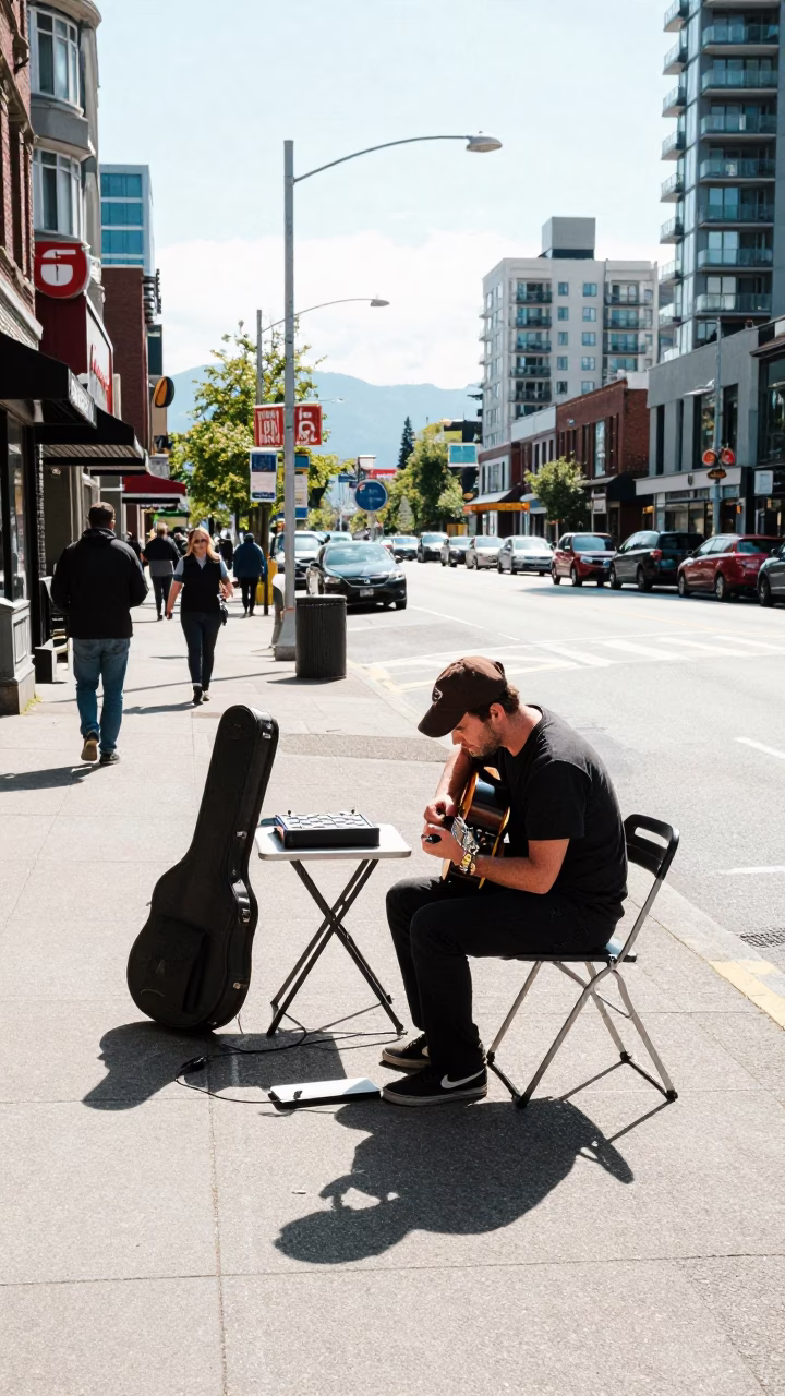 Bright Midmorning Street Scene in Vancouver British Columbia with Chess Clock and Doormat in in Vancouver, British Columbia, Canada