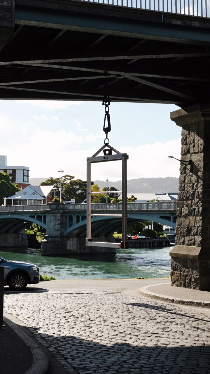 Bright Midmorning Street Scene in Wellington New Zealand with Bridge Maintenance Cradle in in Wellington, New Zealand