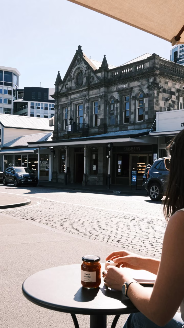 Bright Midmorning Street Scene in Wellington New Zealand with Local Café Details in in Wellington, New Zealand