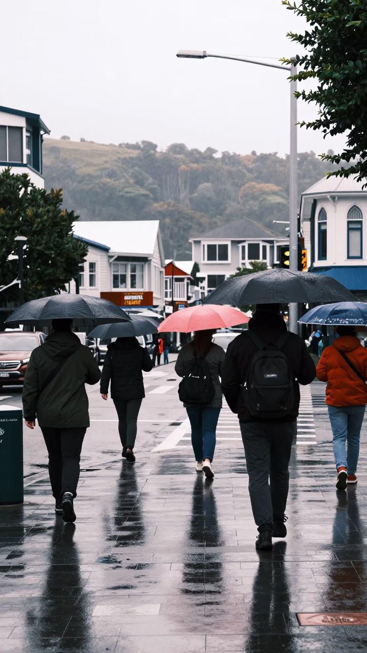 Bright Midmorning Street Scene in Wellington New Zealand with Umbrellas and Rain in in Wellington, New Zealand