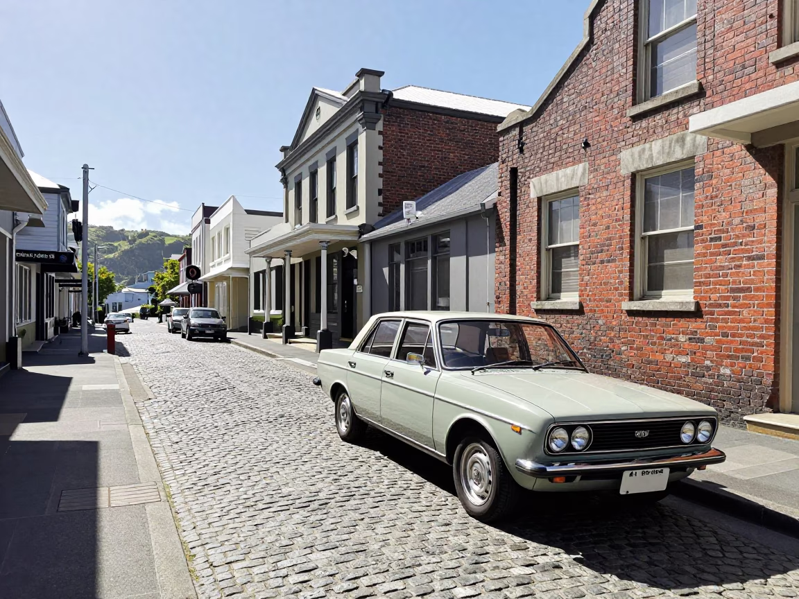 Bright Midmorning Street Scene in Wellington New Zealand with Vintage 1980s Elements in in Wellington, New Zealand