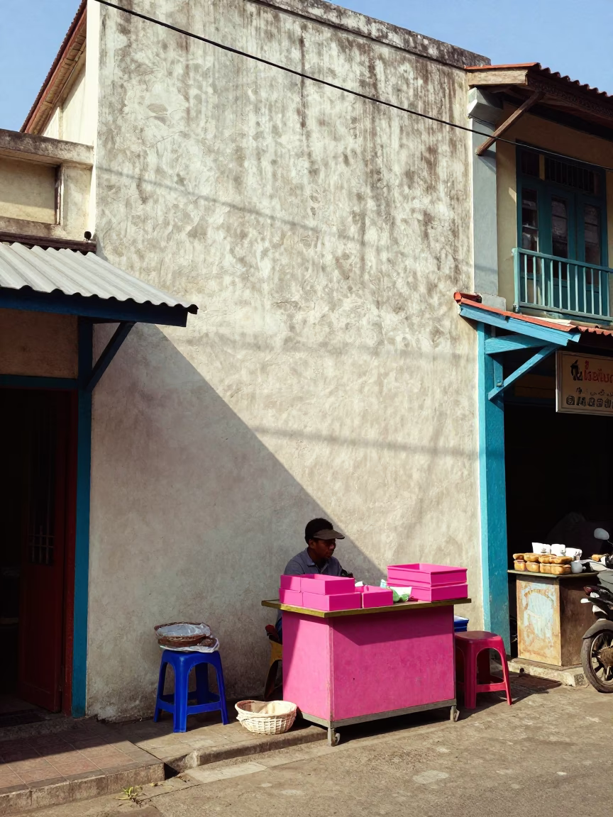 Bright Midmorning Street Scene in Yogyakarta Indonesia with Colorful Shopfronts in in Yogyakarta, Indonesia