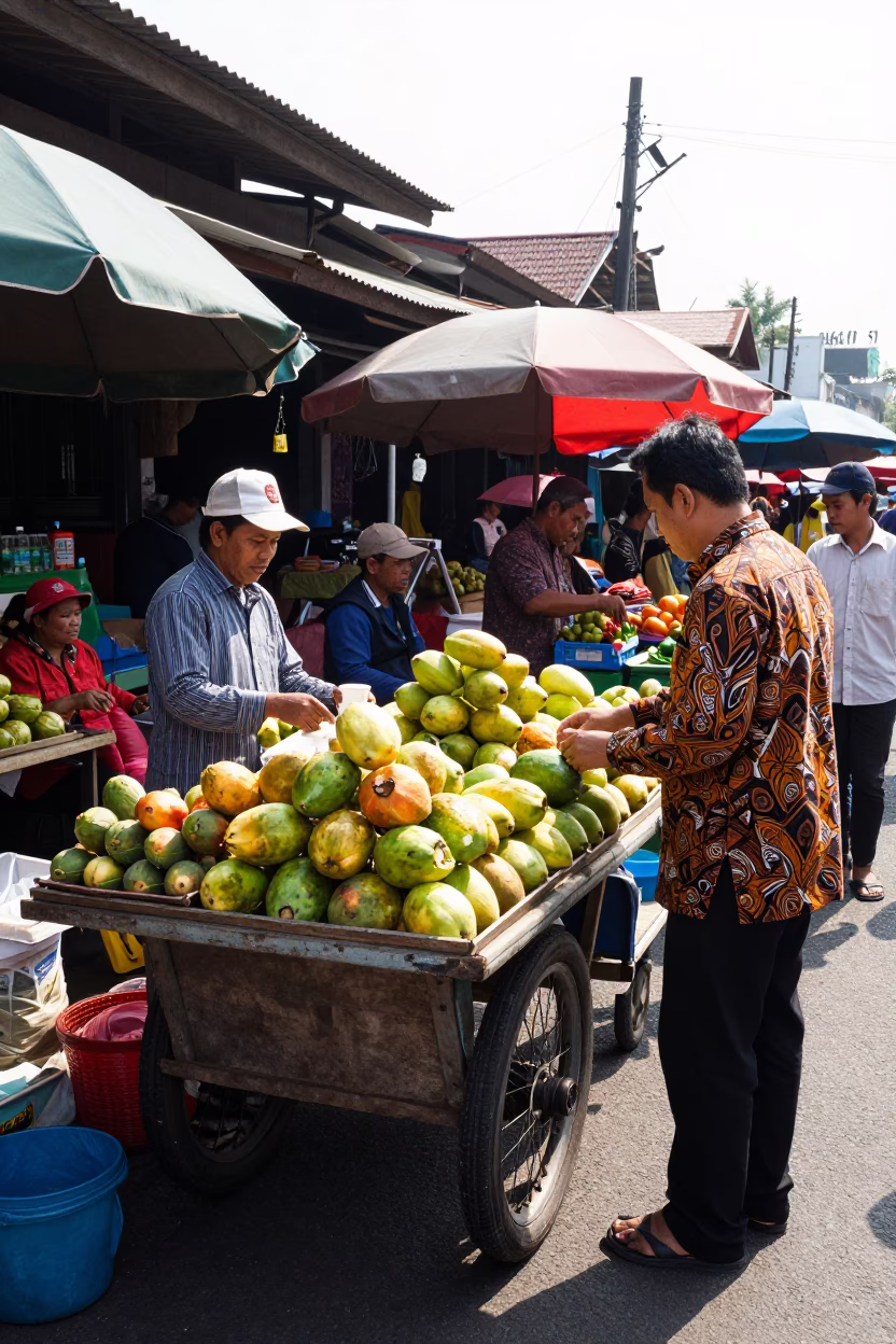 Bright Midmorning Street Scene in Yogyakarta Indonesia with Local Market Activity in in Yogyakarta, Indonesia