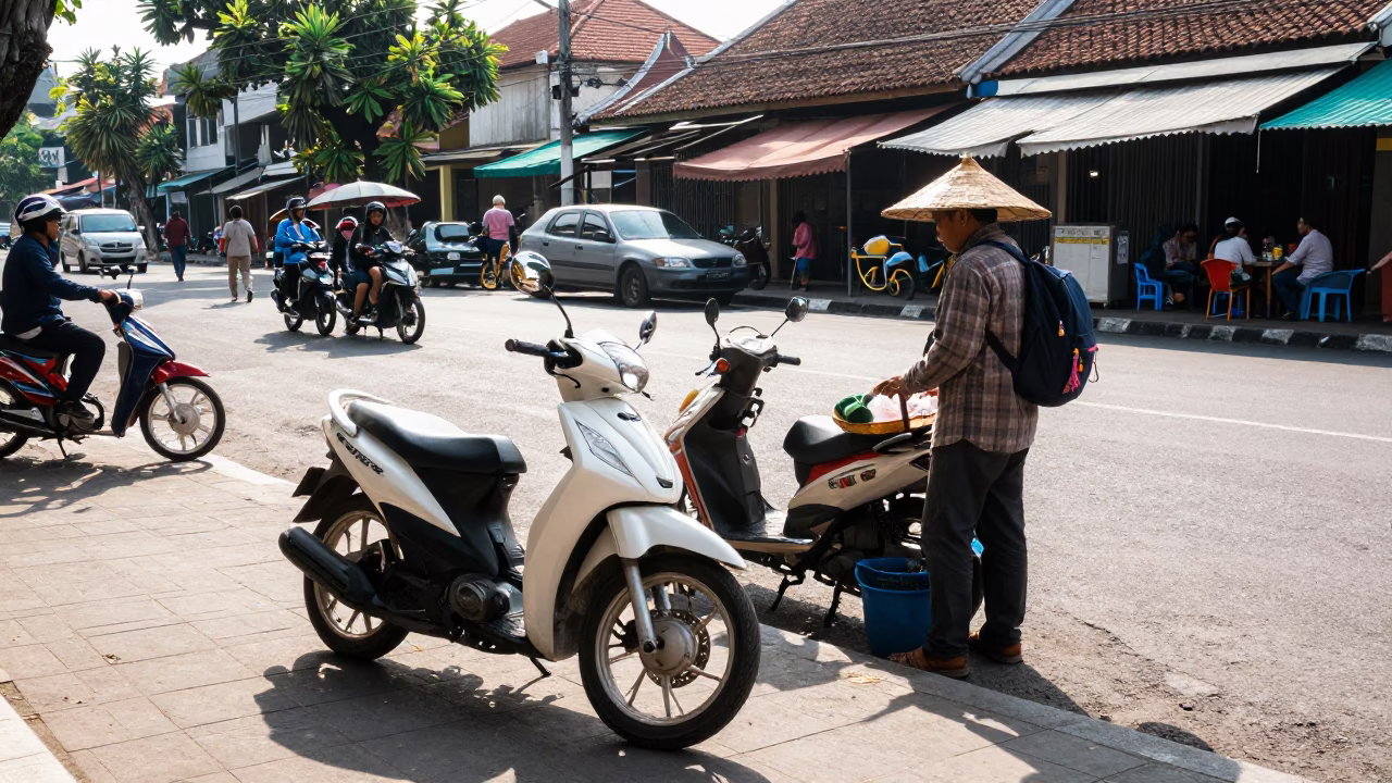 Bright Midmorning Street Scene in Yogyakarta Indonesia with Local Vendor and Scooter in in Yogyakarta, Indonesia