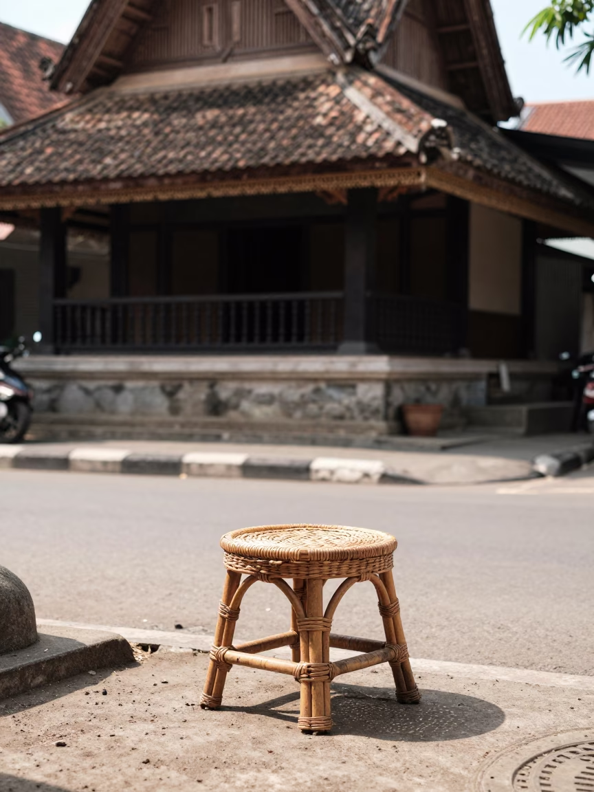 Bright Midmorning Street Scene in Yogyakarta Indonesia with Rattan Stool and Local Life in in Yogyakarta, Indonesia