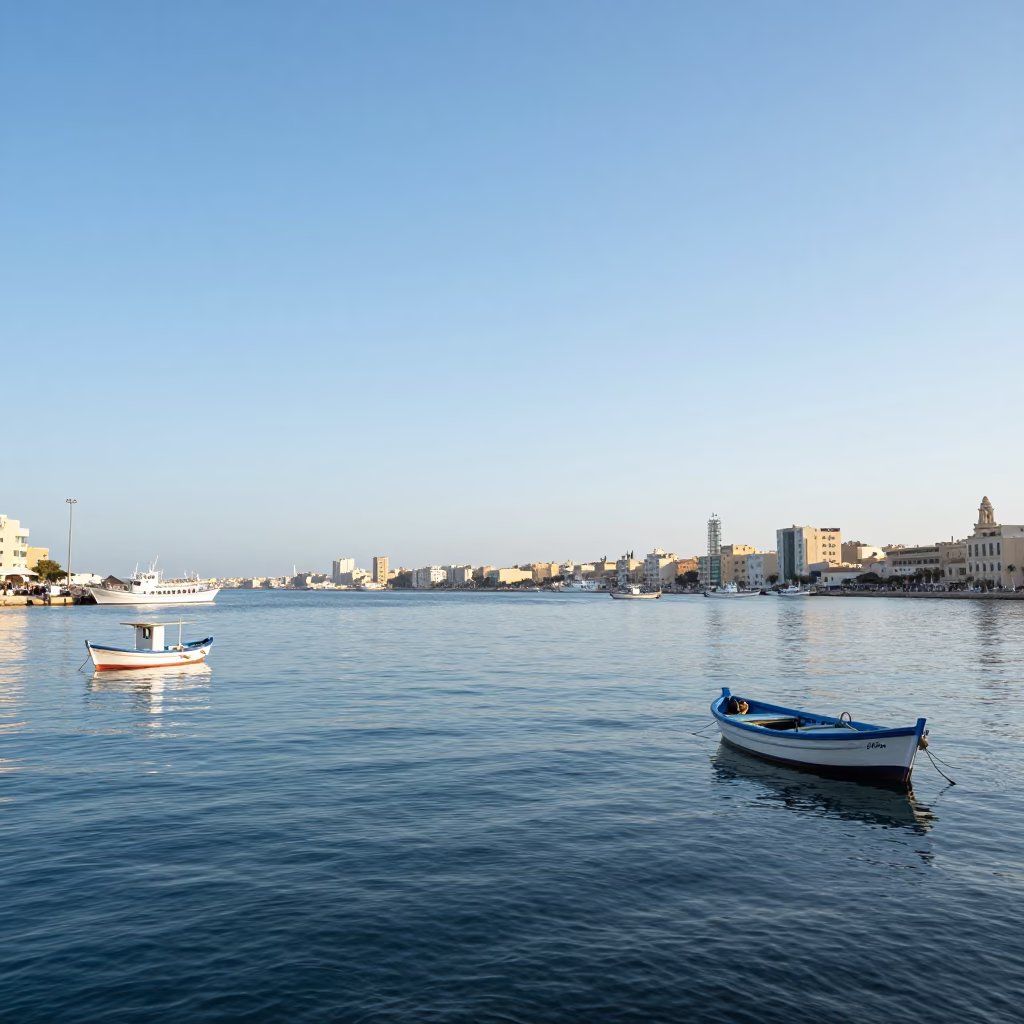 Bright Midmorning Sunlight on Alexandria Harbor Waterfront with Boats and City Skyline in in Alexandria, Egypt