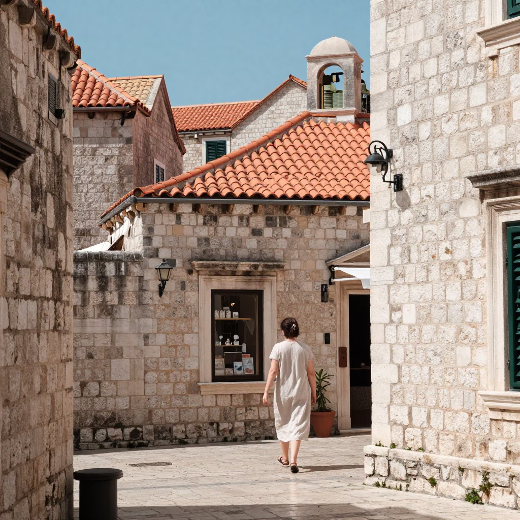 Bright Midmorning Sunlight on Dubrovnik Stone Walls and Local Street Life in in Dubrovnik, Croatia