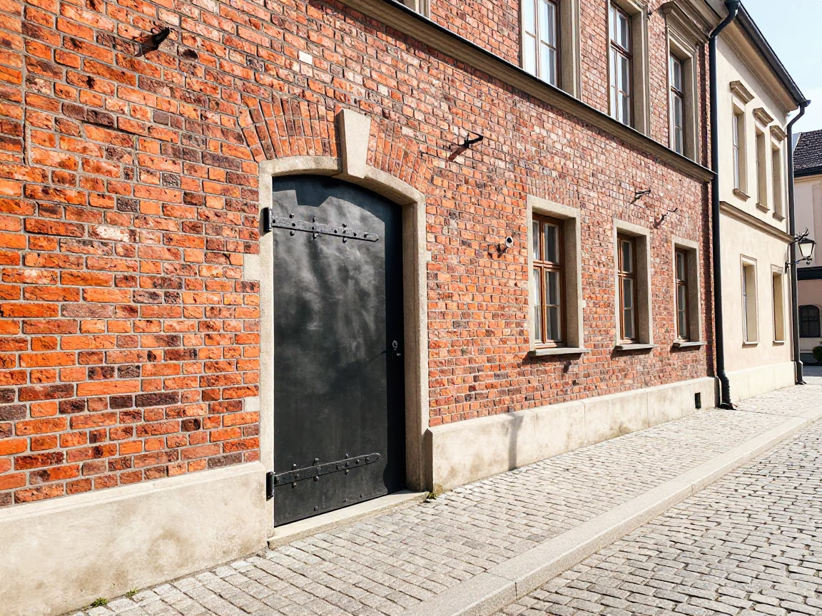 Bright Midmorning Sunlight on Historic Brick and Metal Hinges in Krakow Poland Street Scene in in Krakow, Poland