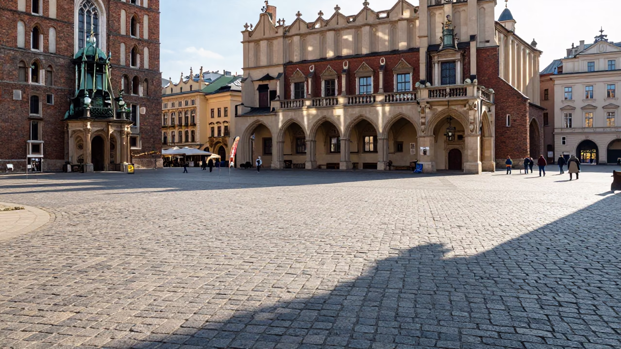 Bright midmorning sunlight on historic Krakow Poland cobblestone street and architecture in in Krakow, Poland