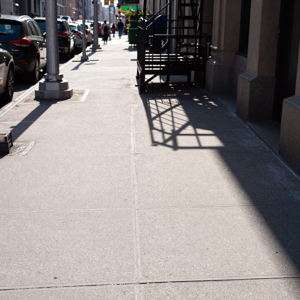 Bright Midmorning Sunlight on New York City Sidewalk Tiles with City Bus in in New York, New York, United States