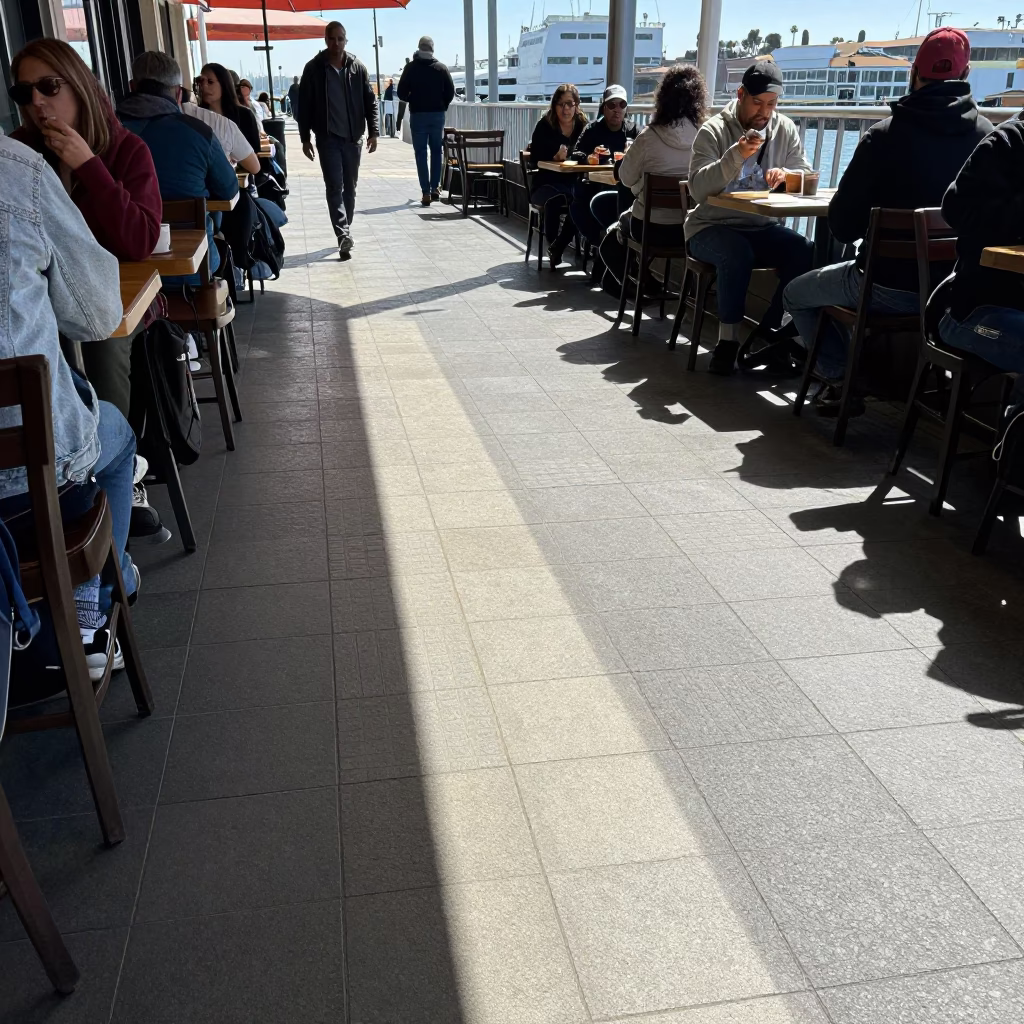 Bright Midmorning Sunlight Striking Floor Tiles Near Ferry Harbor in San Diego California in in San Diego, California, United States