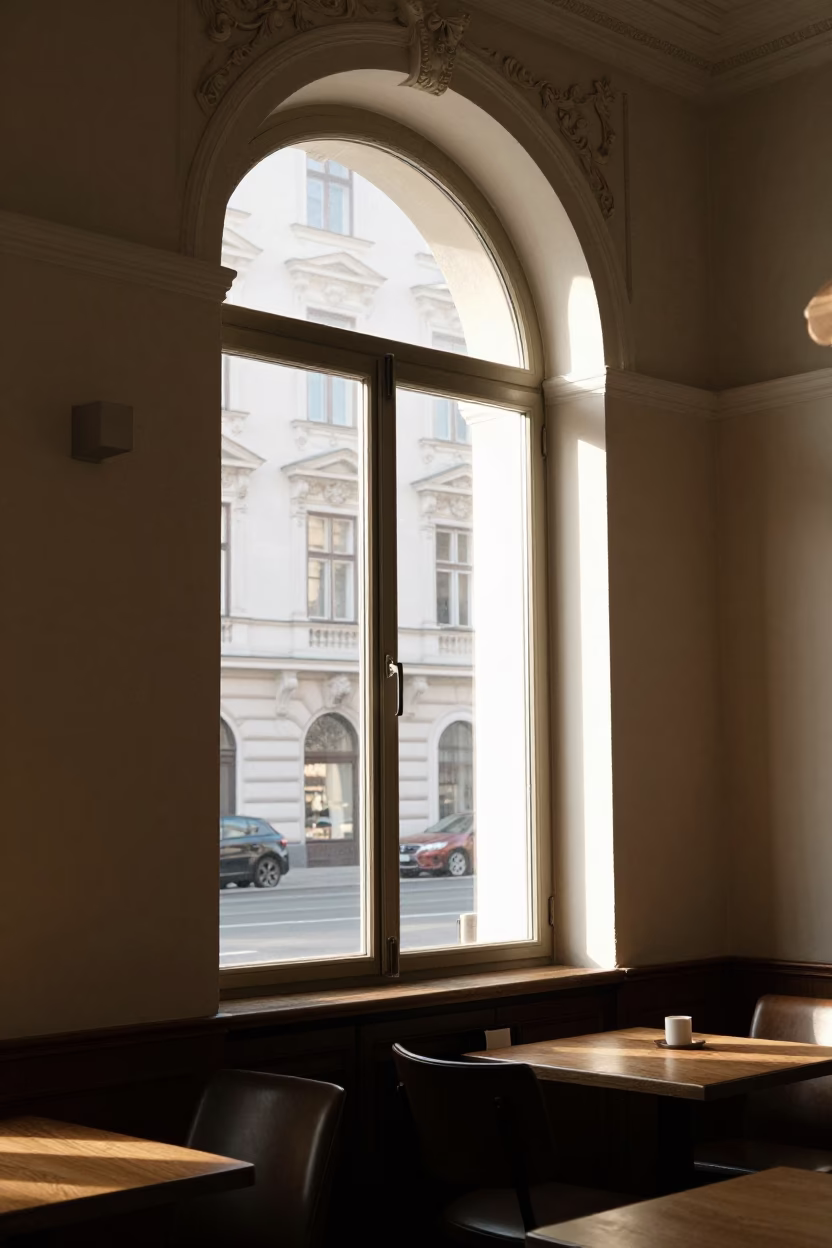 Bright Midmorning Sunlight Striking Window Glass in a Historic Vienna Cafe Interior in in Vienna, Austria