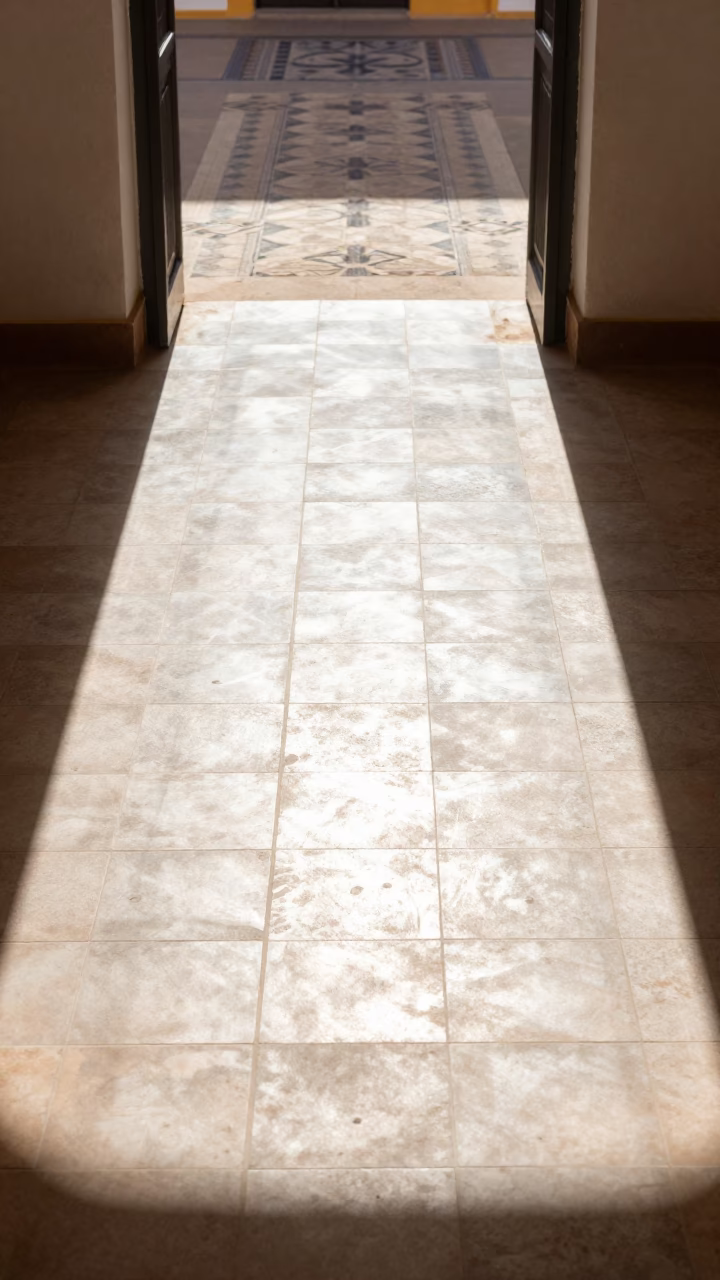 Bright Midmorning Sunlight Stripes Across Valencia Tile Floor with Street Scene in in Valencia, Spain