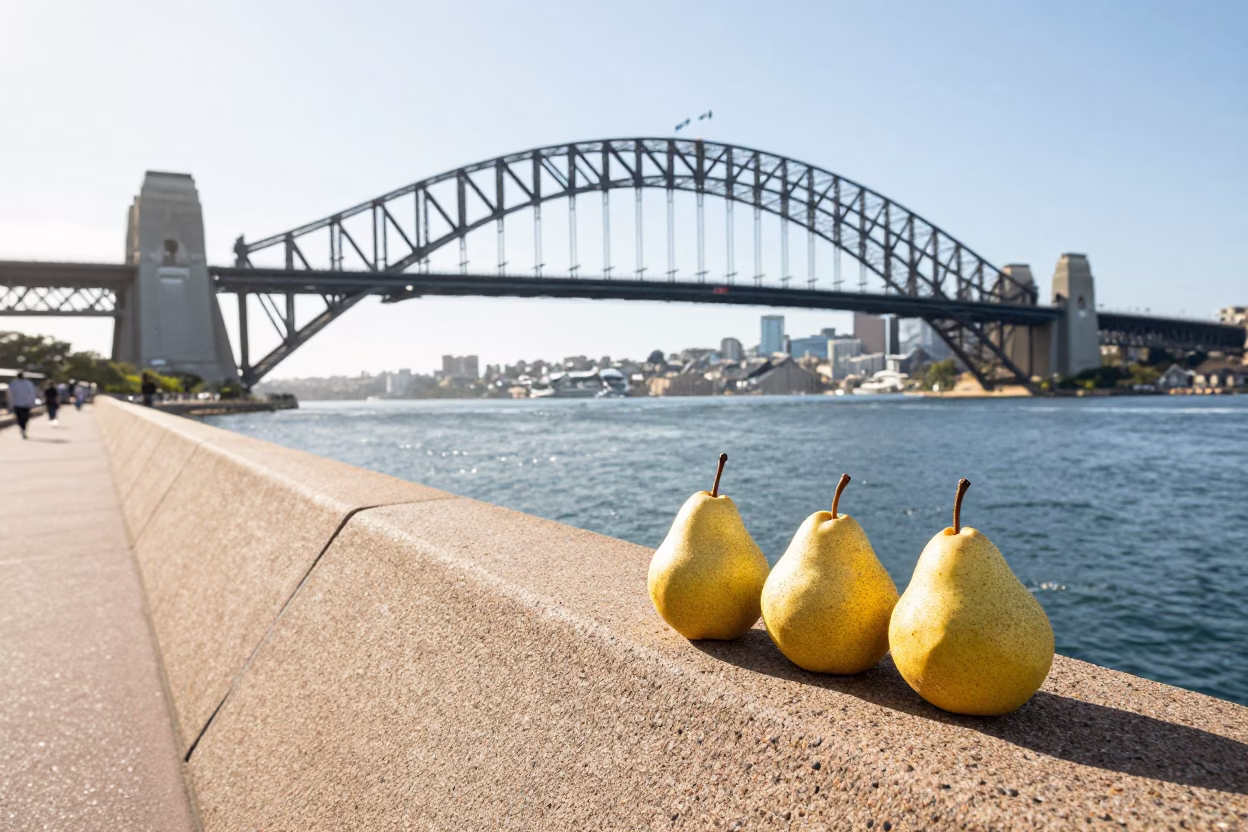 Bright Midmorning Sydney Harbour Bridge View with Pears on Concrete Balustrade in in Sydney, New South Wales, Australia
