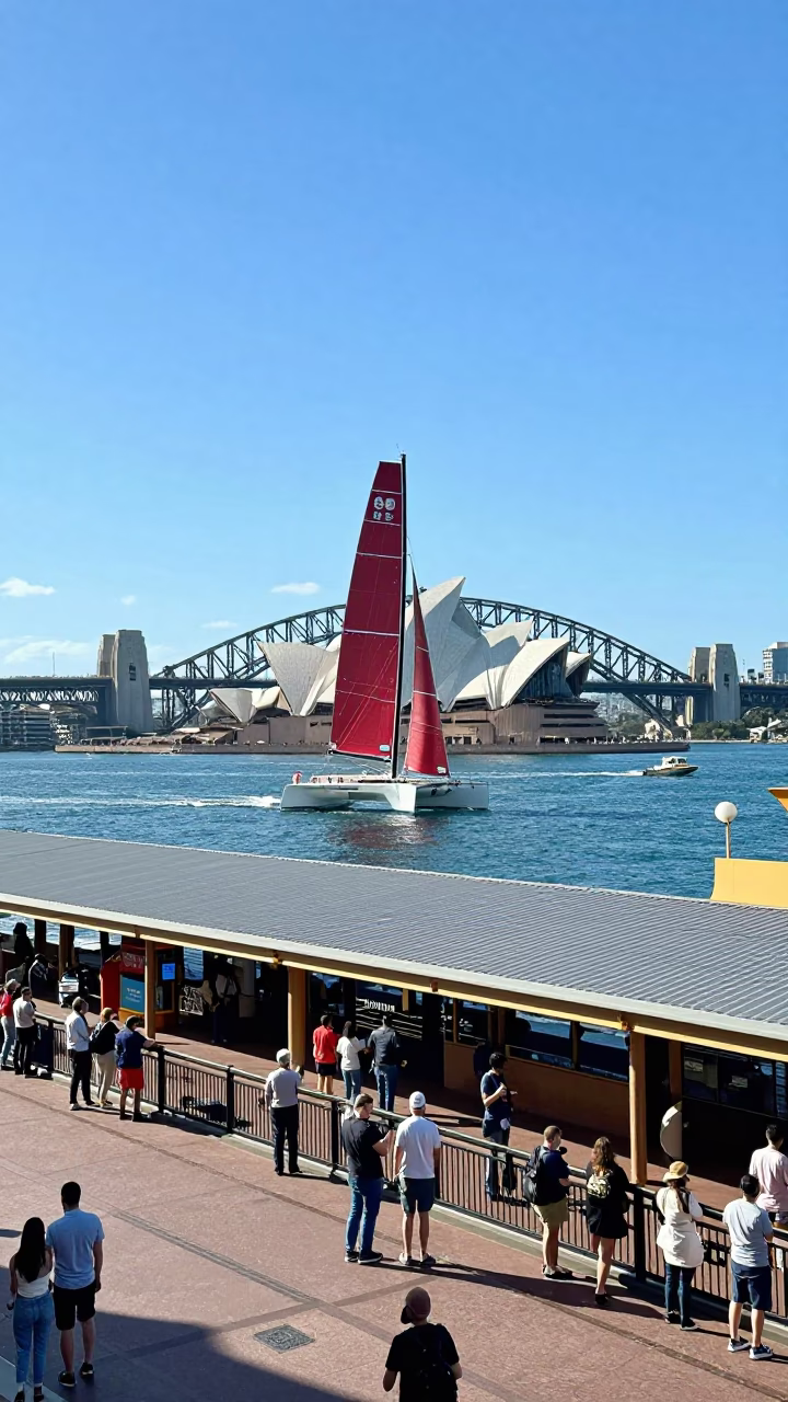Bright Midmorning Sydney Harbour View with Racing Catamaran Heeling Hard in Strong Wind in in Sydney, New South Wales, Australia