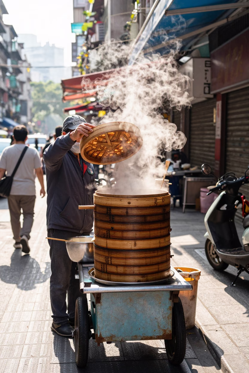 Bright Midmorning Taipei Street Scene with Bamboo Steamer Basket and Ivy Vines in in Taipei, Taiwan
