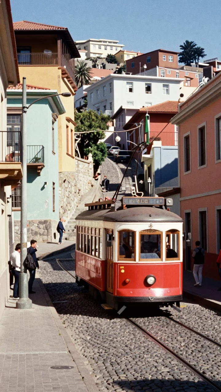 Bright Midmorning Valparaiso Chile Street Scene with Rattling Tram and Colorful Art Nouveau Facades in in Valparaiso, Chile