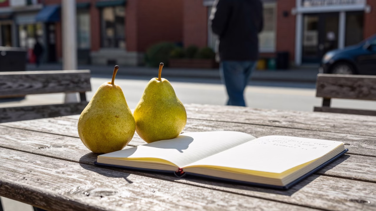 Bright Midmorning Vancouver Street Scene with Pears and Notebook on Wooden Table in in Vancouver, British Columbia, Canada