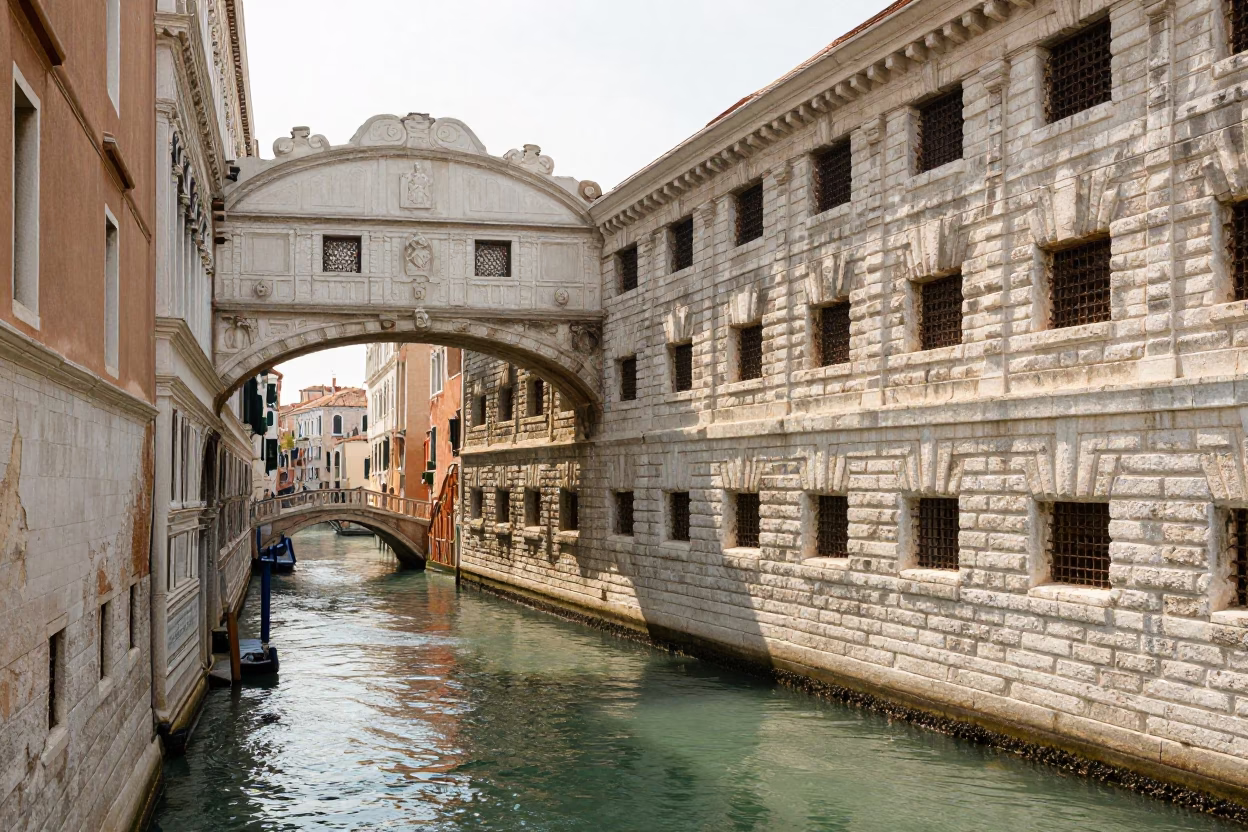 Bright Midmorning Venice Canal Scene with Stone Bridge and Traditional Wooden Boat in in Venice, Italy
