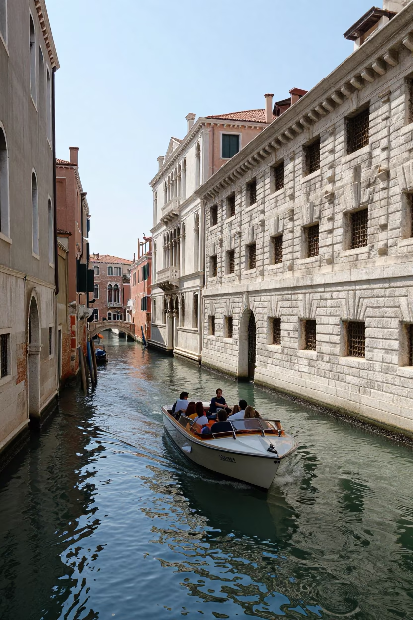 Bright Midmorning Venice Canal Scene with Tourists and Historic Architecture in in Venice, Italy