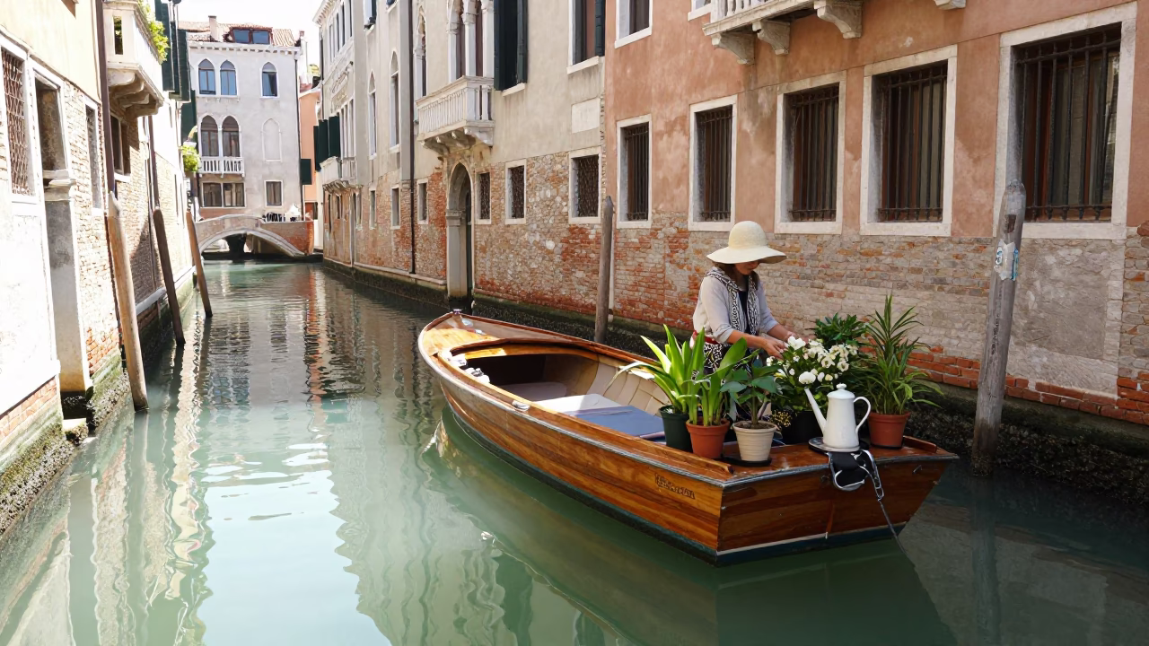 Bright Midmorning Venice Canal Scene with Watering Jug and Sun Hats in in Venice, Italy