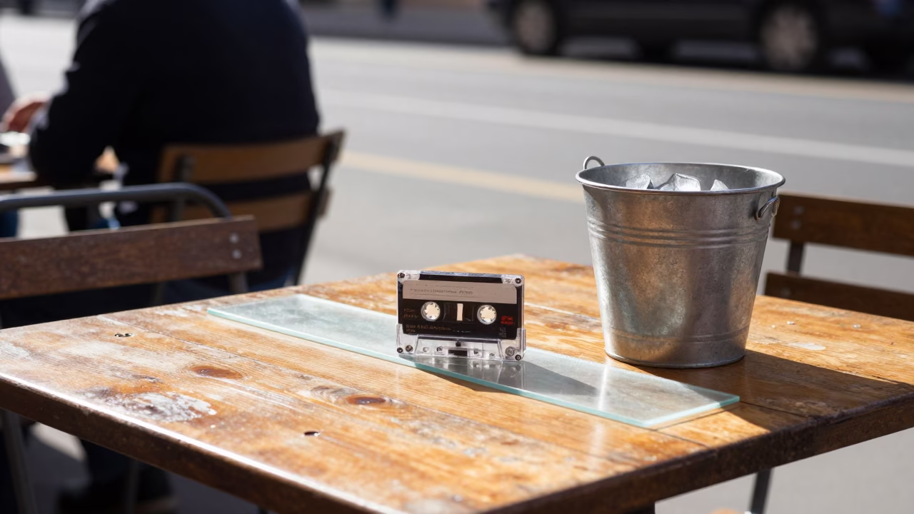 Bright Midmorning Vienna Street Scene with Vintage Cassette Tape and Glass on Cafe Table in in Vienna, Austria