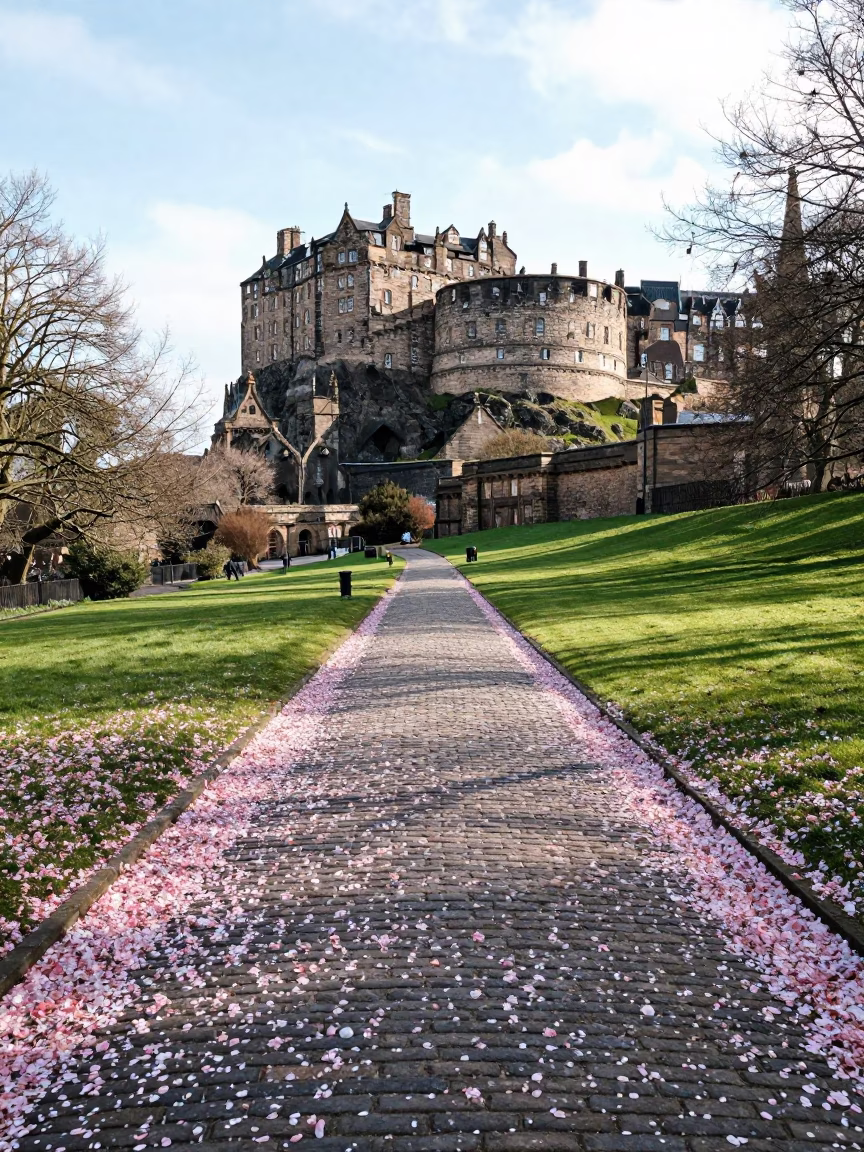 Bright Midmorning View of Edinburgh Castle Rock and Grass Market Path with Fallen Petals in in Edinburgh, United Kingdom